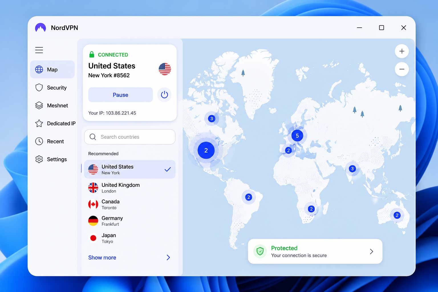 NordVPN Windows app showing the server map in a connected state