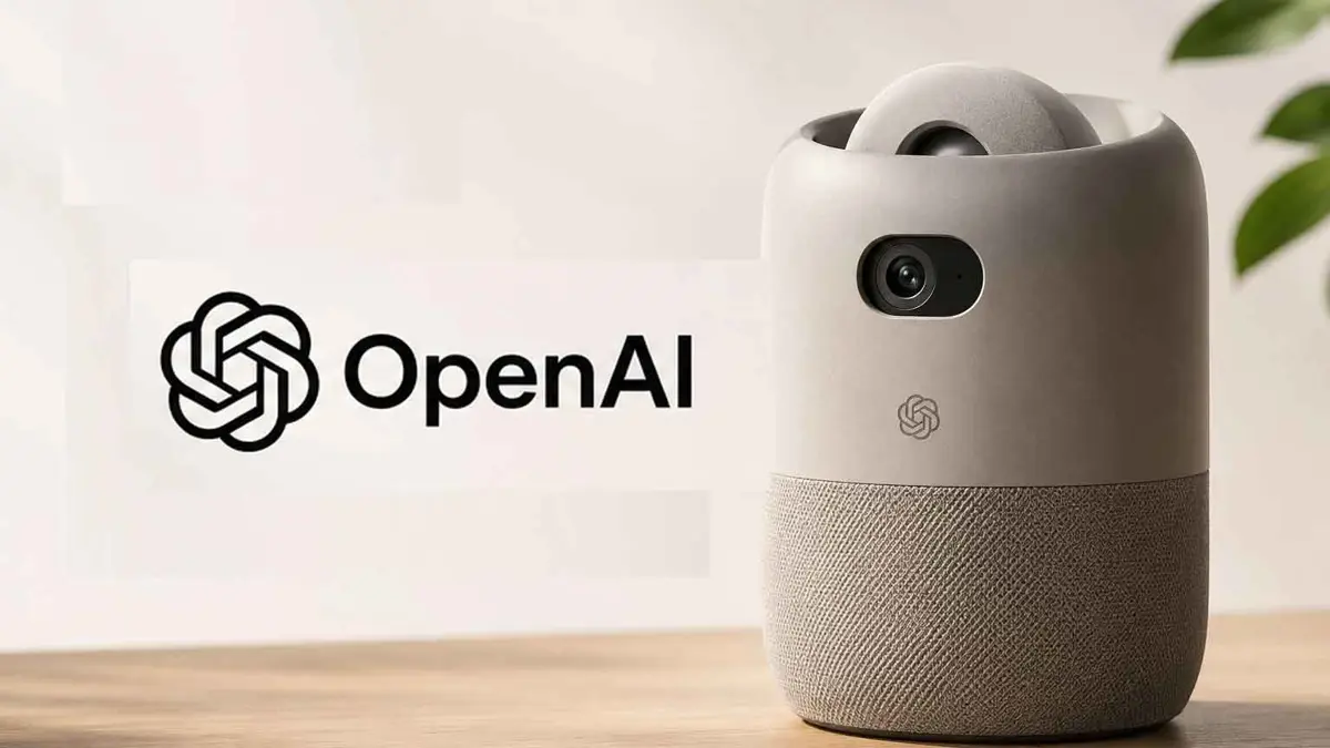Conceptual render representing OpenAI's first consumer hardware: a portable, screenless smart speaker with a camera