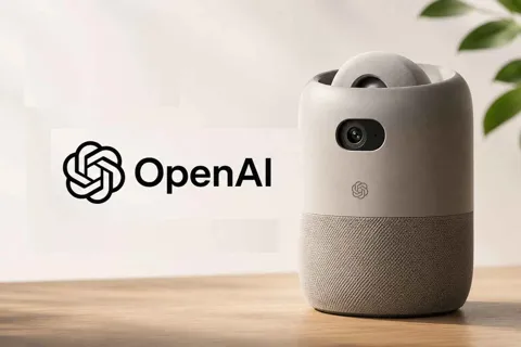 Conceptual render representing OpenAI's first consumer hardware: a portable, screenless smart speaker with a camera