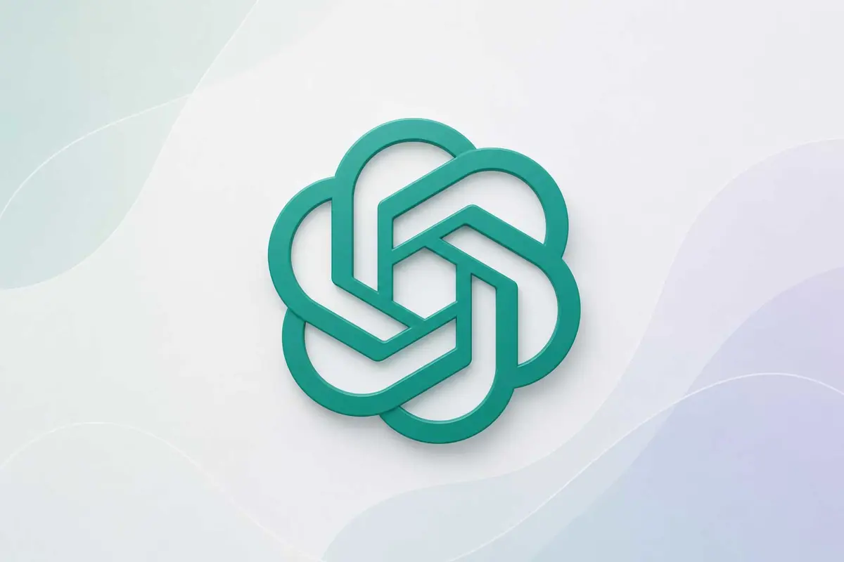 OpenAI logo on a clean abstract gradient background with subtle curved shapes