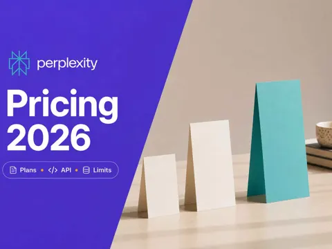 Three ascending pricing cards beside a violet panel reading Perplexity Pricing 2026