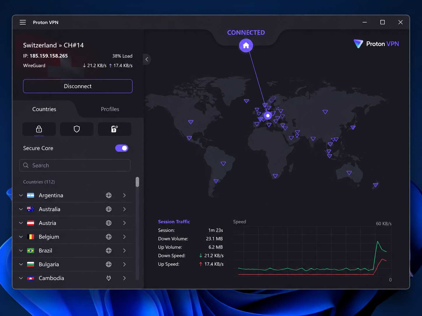 Proton VPN desktop app connected with the Secure Core option visible