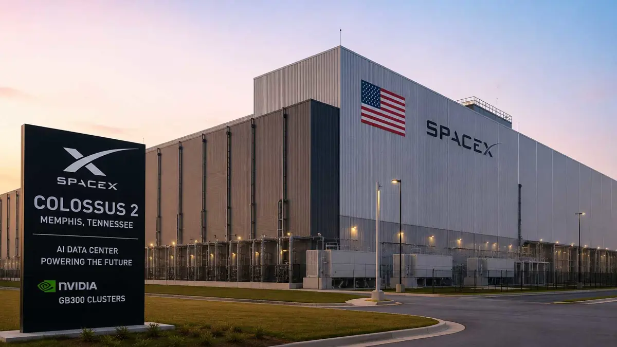 SpaceX Colossus 2 AI data center exterior in Memphis Tennessee, housing Nvidia GB300 GPU clusters for xAI and commercial compute clients