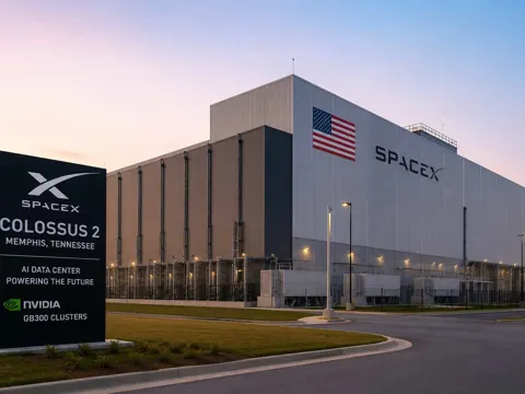 SpaceX Colossus 2 AI data center exterior in Memphis Tennessee, housing Nvidia GB300 GPU clusters for xAI and commercial compute clients