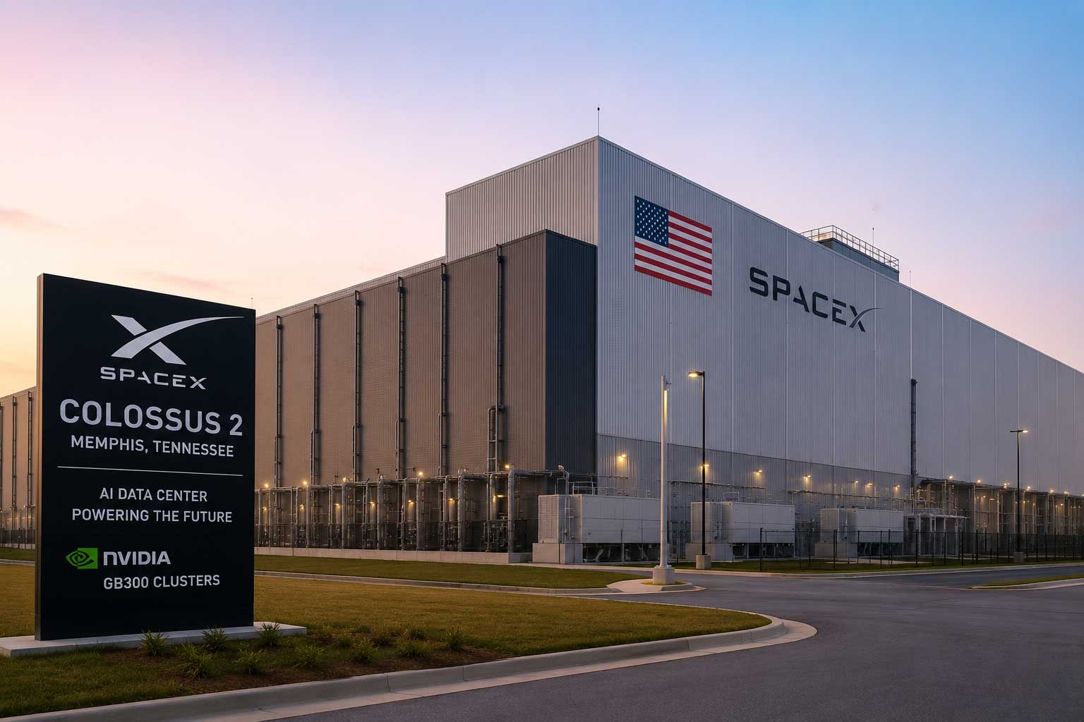 SpaceX Colossus 2 AI data center exterior in Memphis Tennessee, housing Nvidia GB300 GPU clusters for xAI and commercial compute clients