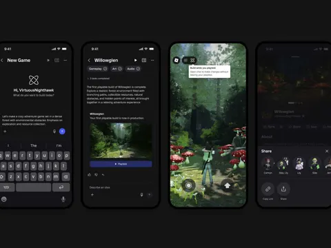 Roblox Build interface on a mobile device showing text prompt input and a generated 3D game environment