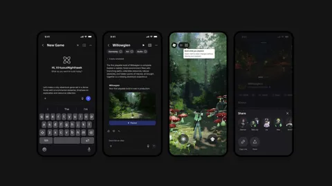 Roblox Build interface on a mobile device showing text prompt input and a generated 3D game environment