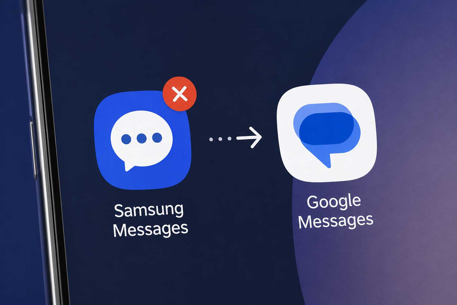 Samsung Messages app icon next to Google Messages app icon on a Galaxy smartphone, representing the July 2026 switch from Samsung's native messaging app to Google Messages