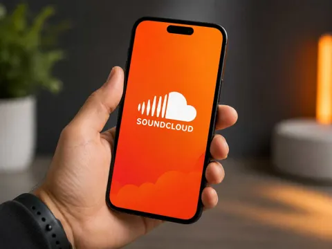 SoundCloud logo on a phone screen representing the platform's acquisition of Nina Protocol, the blockchain-based independent music marketplace