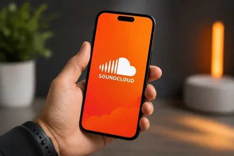 SoundCloud logo on a phone screen representing the platform's acquisition of Nina Protocol, the blockchain-based independent music marketplace