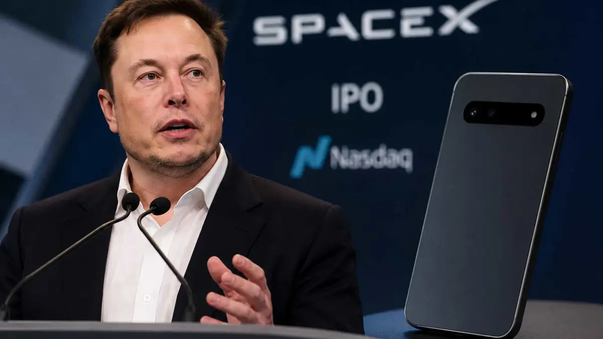 Elon Musk speaking at the Nasdaq during SpaceX's IPO, with reporting that SpaceX showed investors a handset-like AI device prototype before the listing
