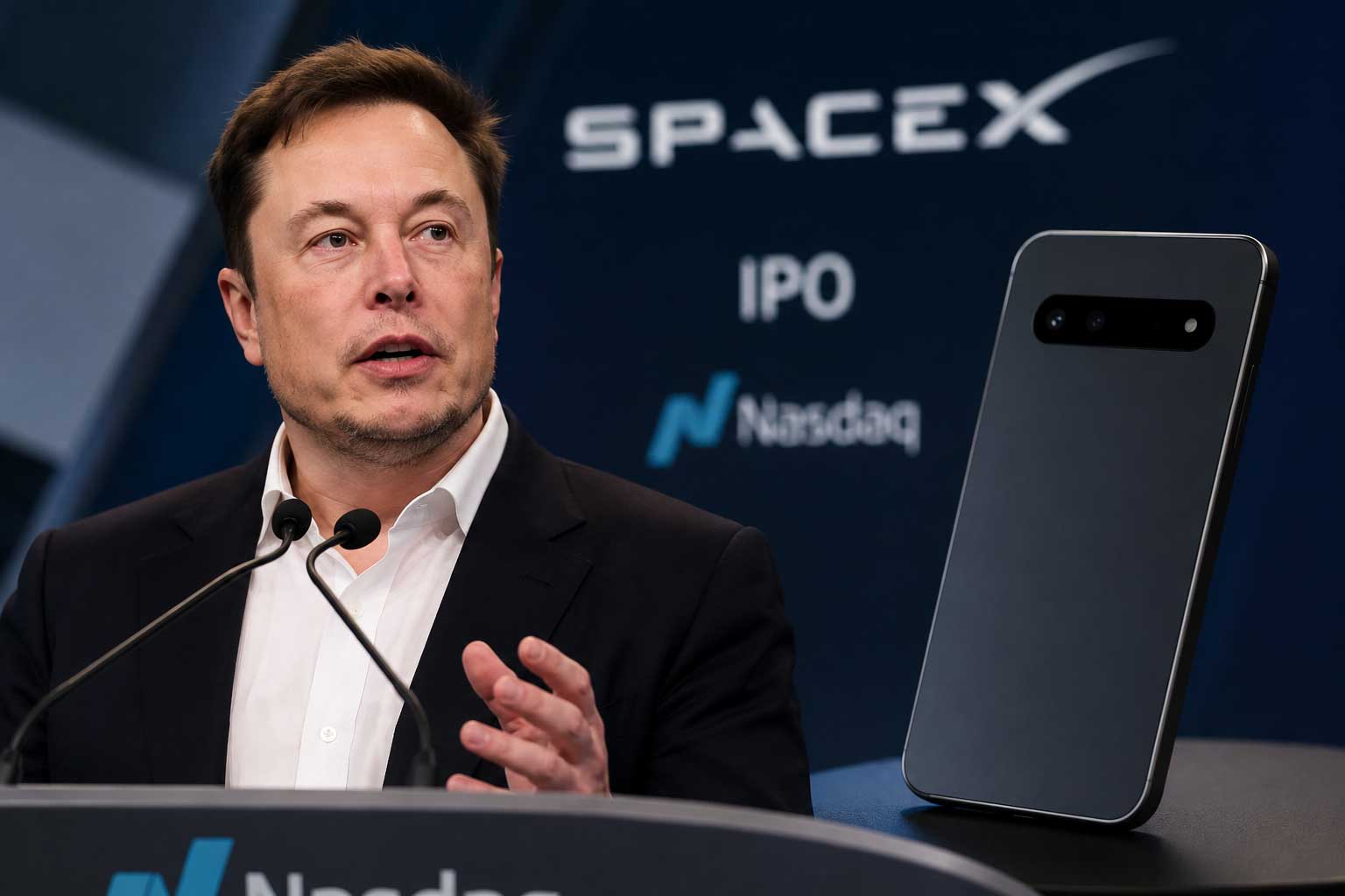 Elon Musk speaking at the Nasdaq during SpaceX's IPO, with reporting that SpaceX showed investors a handset-like AI device prototype before the listing