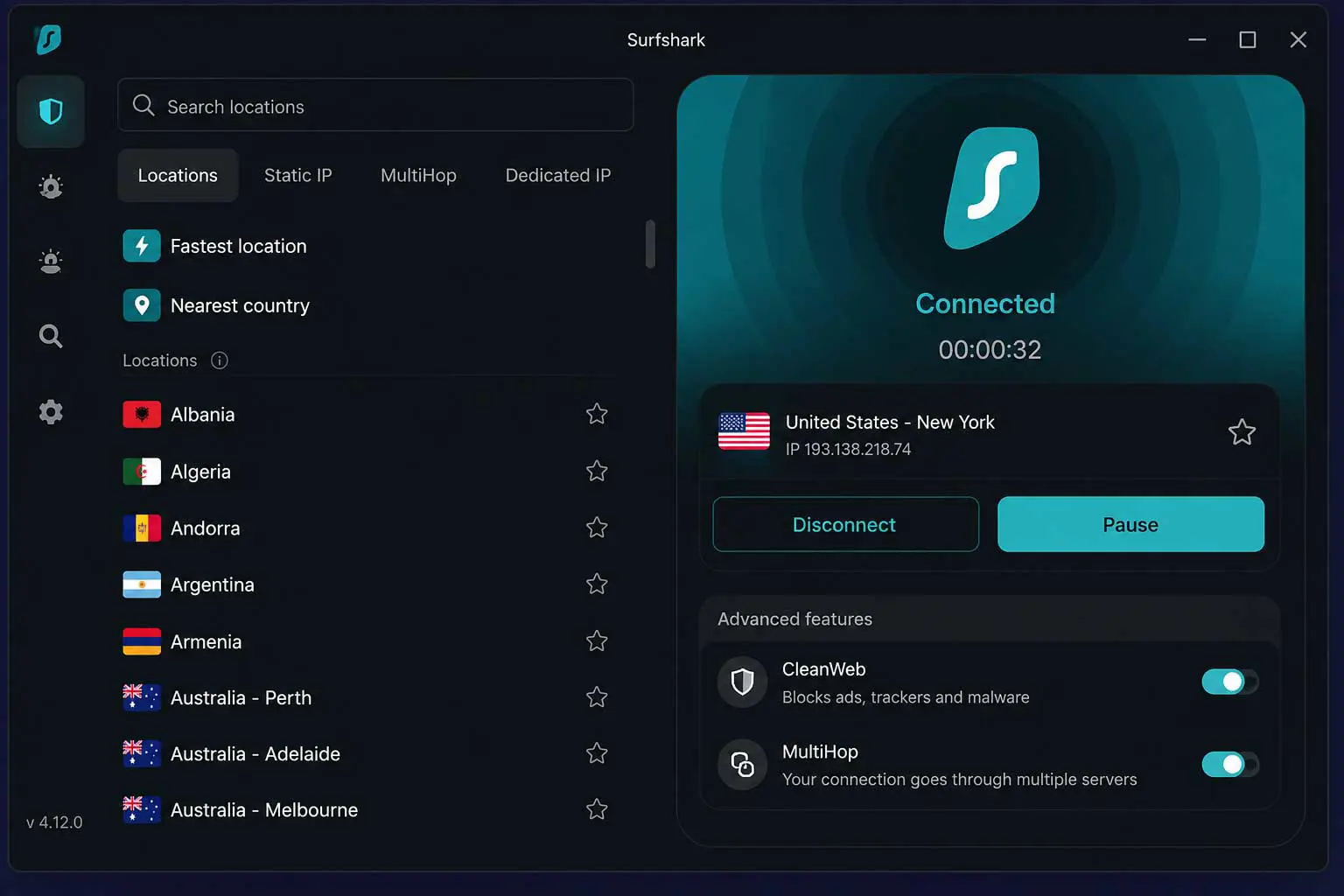 Surfshark desktop app showing connected server and MultiHop option