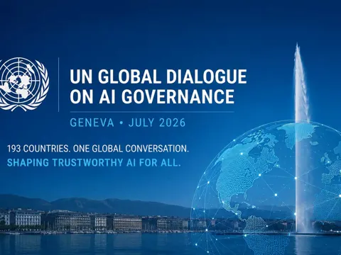 Maria Ressa, Yoshua Bengio, and Ambassador Egriselda López pose for a portrait ahead of the UN Global Dialogue on AI Governance in Geneva, July 2026