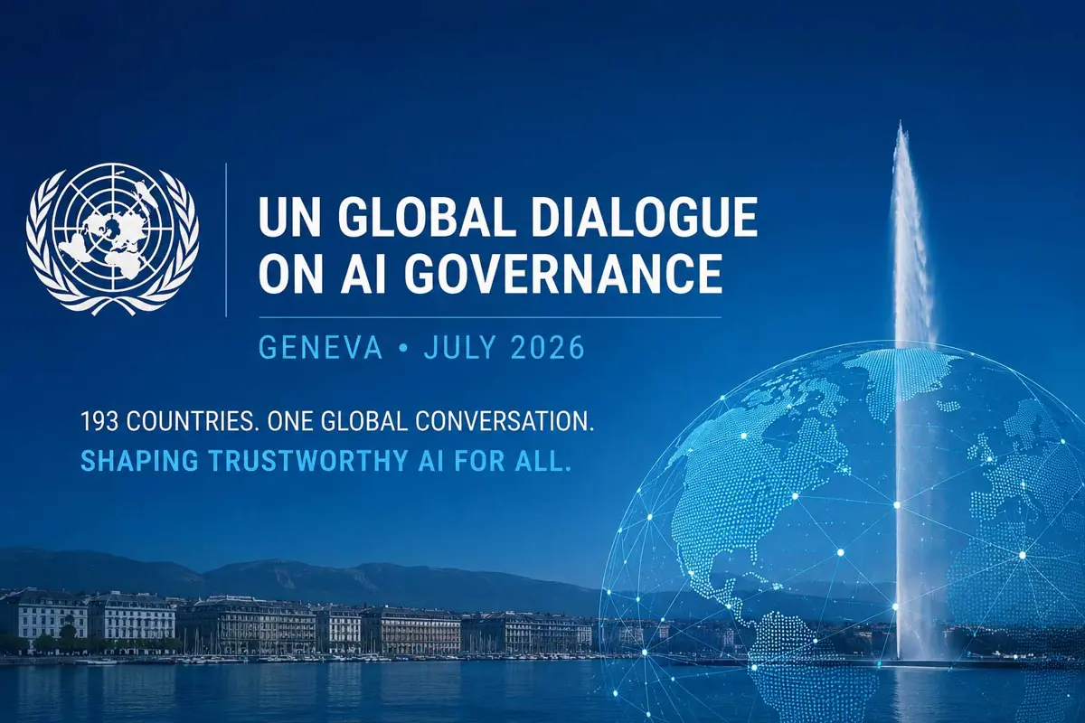 Maria Ressa, Yoshua Bengio, and Ambassador Egriselda López pose for a portrait ahead of the UN Global Dialogue on AI Governance in Geneva, July 2026