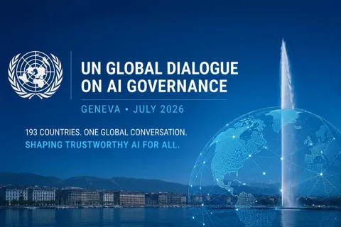 Maria Ressa, Yoshua Bengio, and Ambassador Egriselda López pose for a portrait ahead of the UN Global Dialogue on AI Governance in Geneva, July 2026