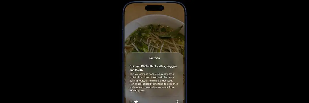 iPhone in Siri Camera mode showing detailed nutrition information about chicken pho identified through Visual Intelligence