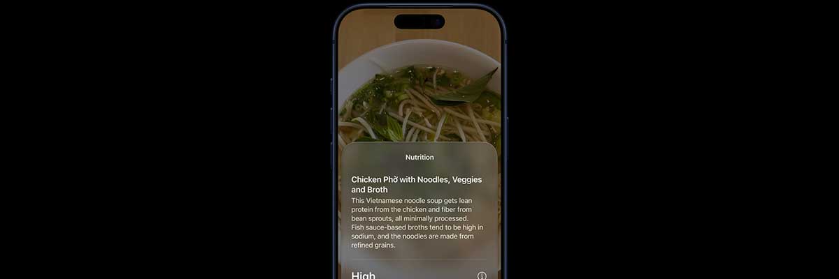 iPhone in Siri Camera mode showing detailed nutrition information about chicken pho identified through Visual Intelligence