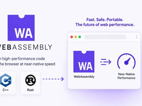 WebAssembly logo and browser performance diagram showing Wasm running C++ and Rust code at near-native speed in the browser