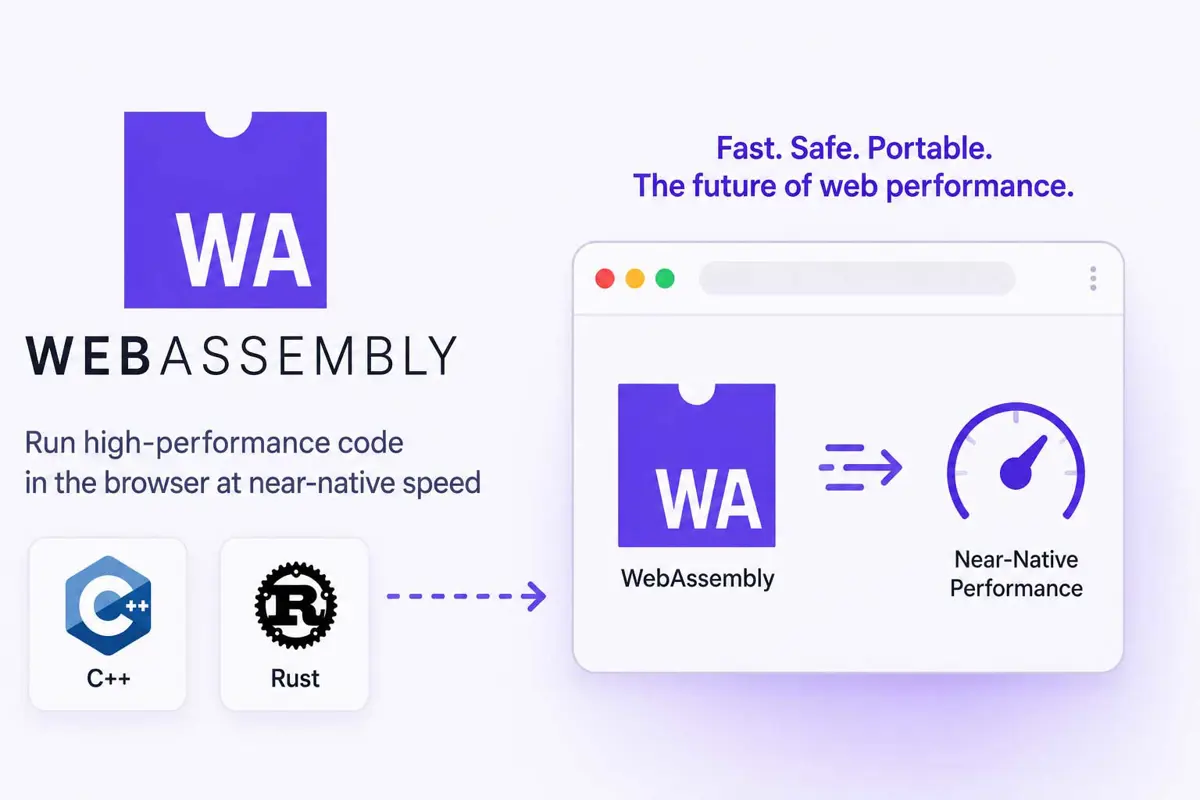 WebAssembly logo and browser performance diagram showing Wasm running C++ and Rust code at near-native speed in the browser