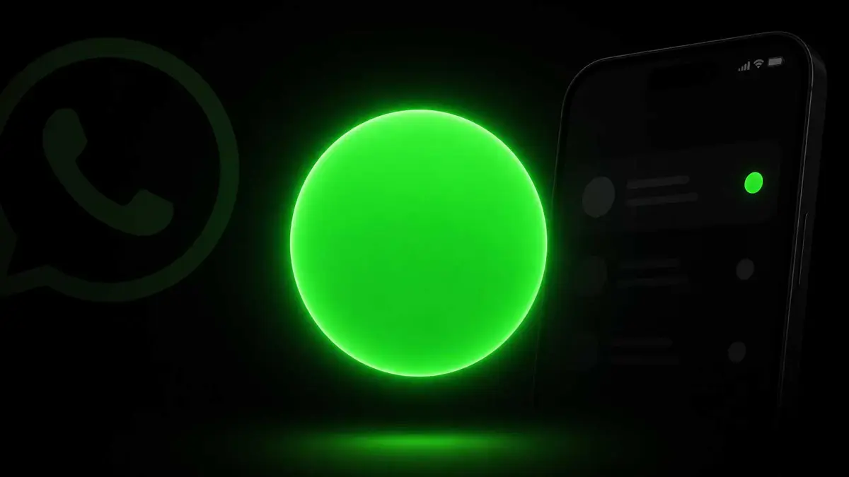 Vivid green glowing circle on black background, representing the WhatsApp online status green dot feature rolling out for iPhone
