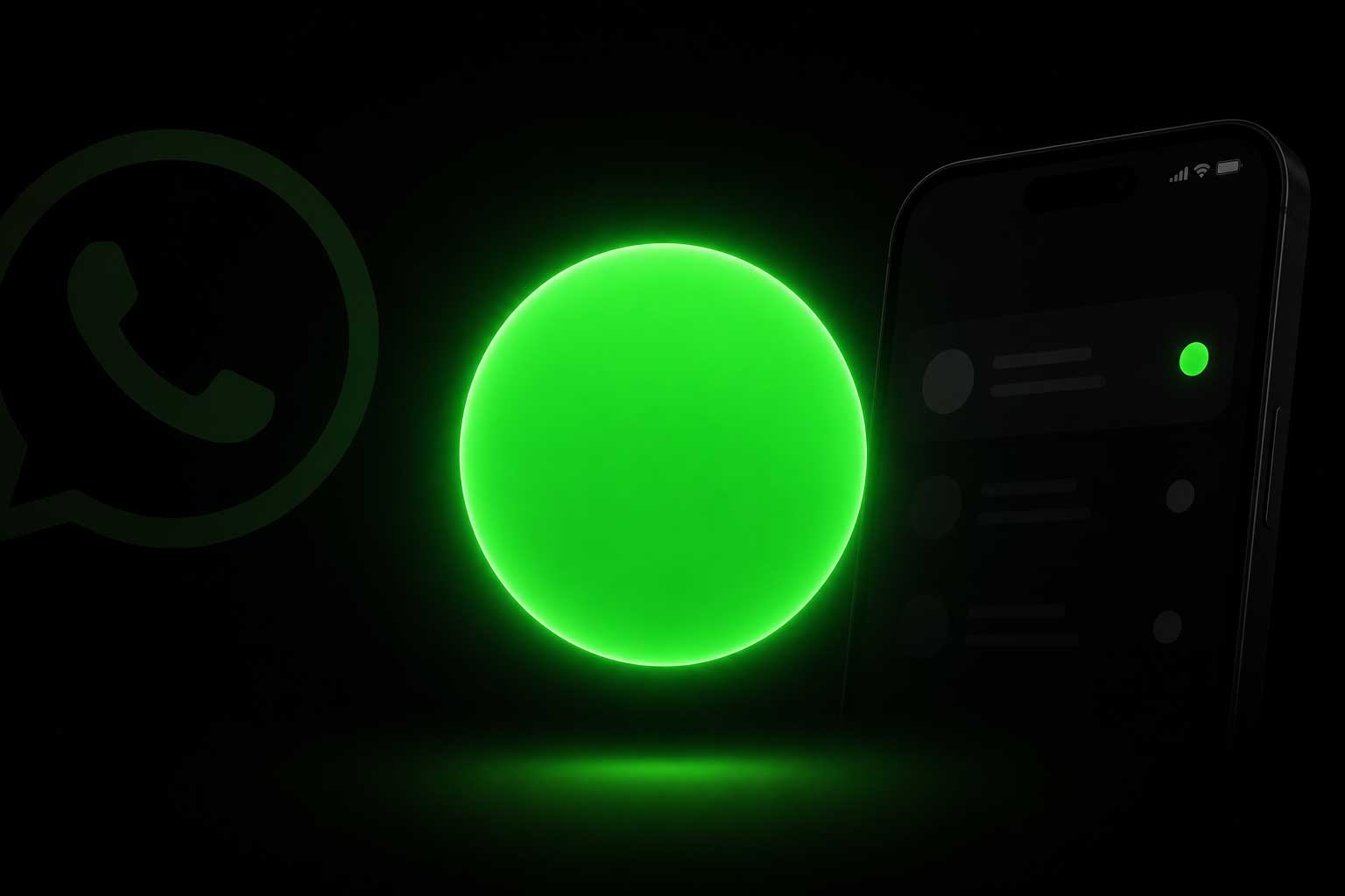 Vivid green glowing circle on black background, representing the WhatsApp online status green dot feature rolling out for iPhone