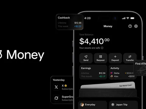 X Money app screen showing Visa debit card and peer-to-peer transfer interface for US subscribers