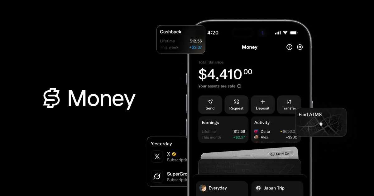 X Money app screen showing Visa debit card and peer-to-peer transfer interface for US subscribers