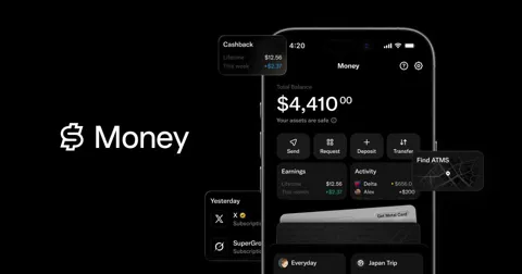 X Money app screen showing Visa debit card and peer-to-peer transfer interface for US subscribers