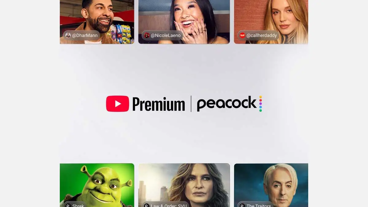 Promotional image showing YouTube and Peacock content side by side