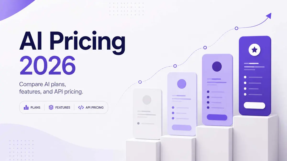 Five pastel pricing cards in a row beside a violet panel reading AI Pricing 2026
