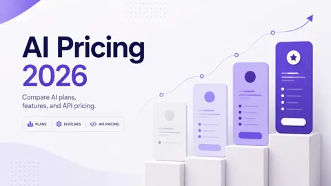Five pastel pricing cards in a row beside a violet panel reading AI Pricing 2026