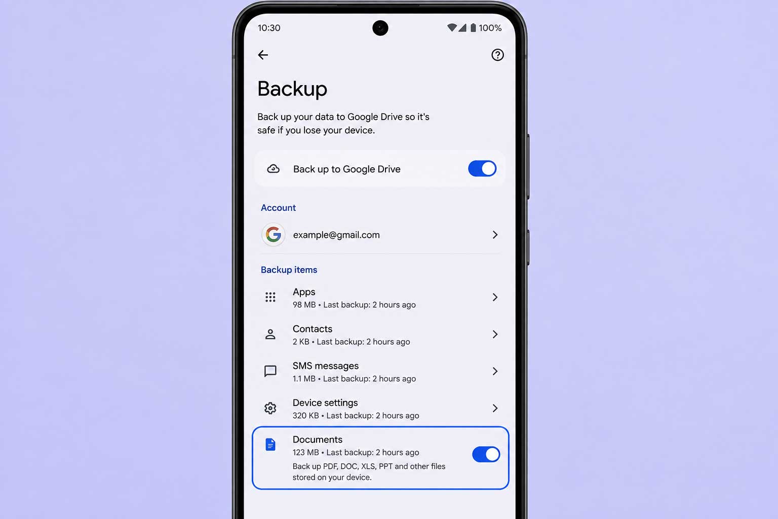 Android Backup settings showing the local documents backup option in Google Drive