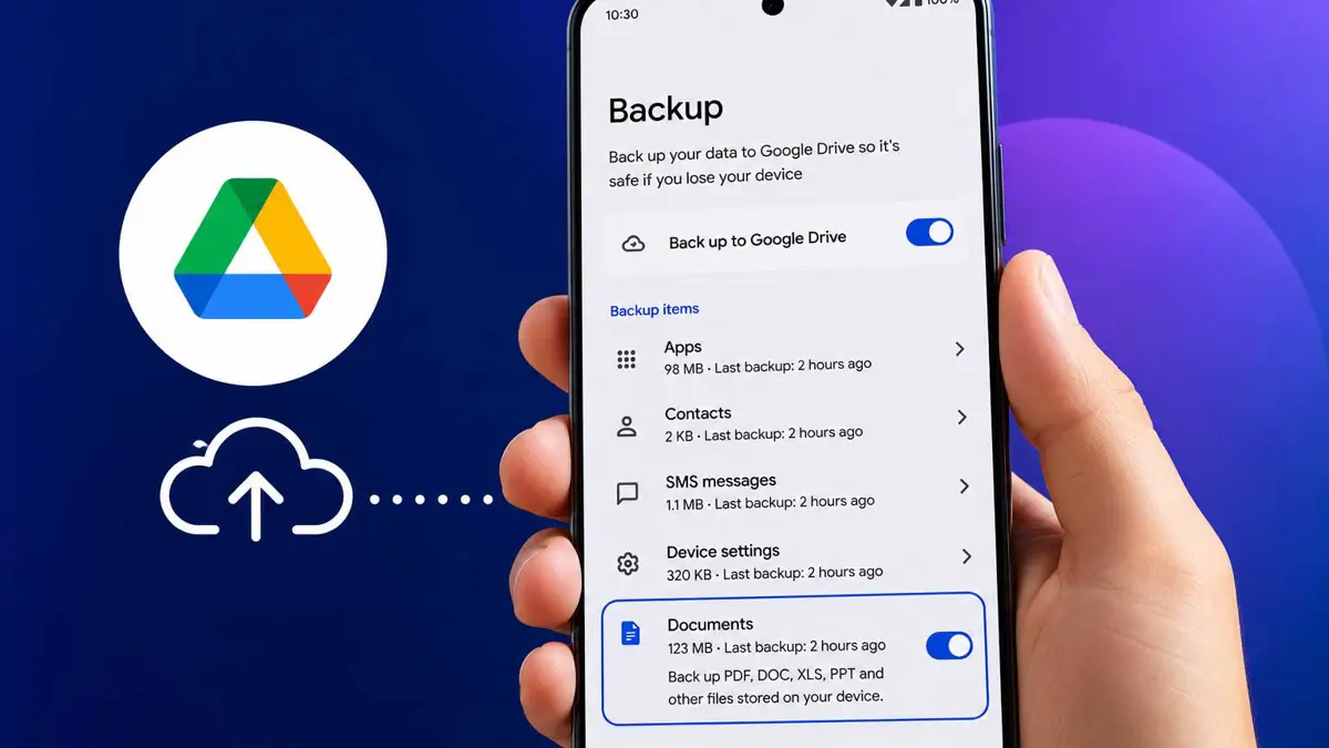Android phone showing the Google Drive backup settings with the new local documents backup option enabled