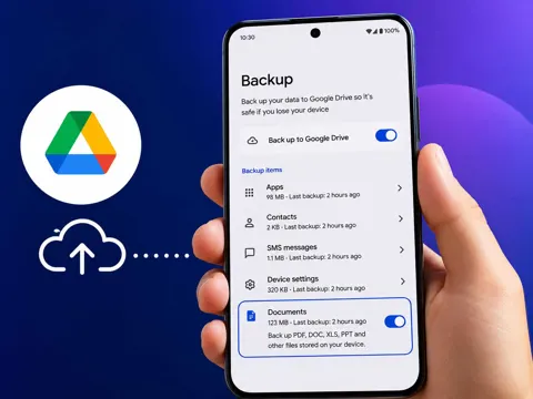 Android phone showing the Google Drive backup settings with the new local documents backup option enabled