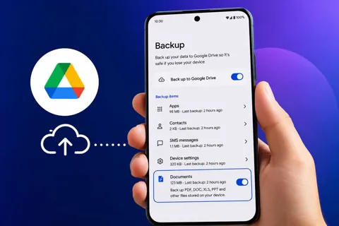 Android phone showing the Google Drive backup settings with the new local documents backup option enabled