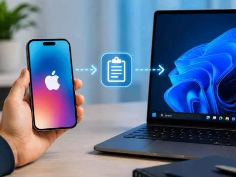 Hand holding an iPhone next to a Windows laptop, illustrating clipboard sharing between Apple and Microsoft devices