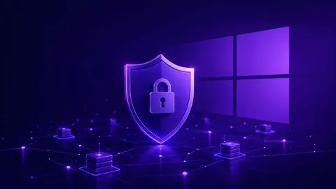 Abstract illustration of a VPN security shield protecting a Windows network connection