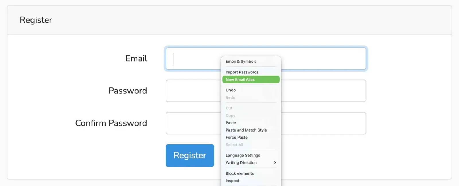 Brave Browser showing the option to create a new email alias in a website email field