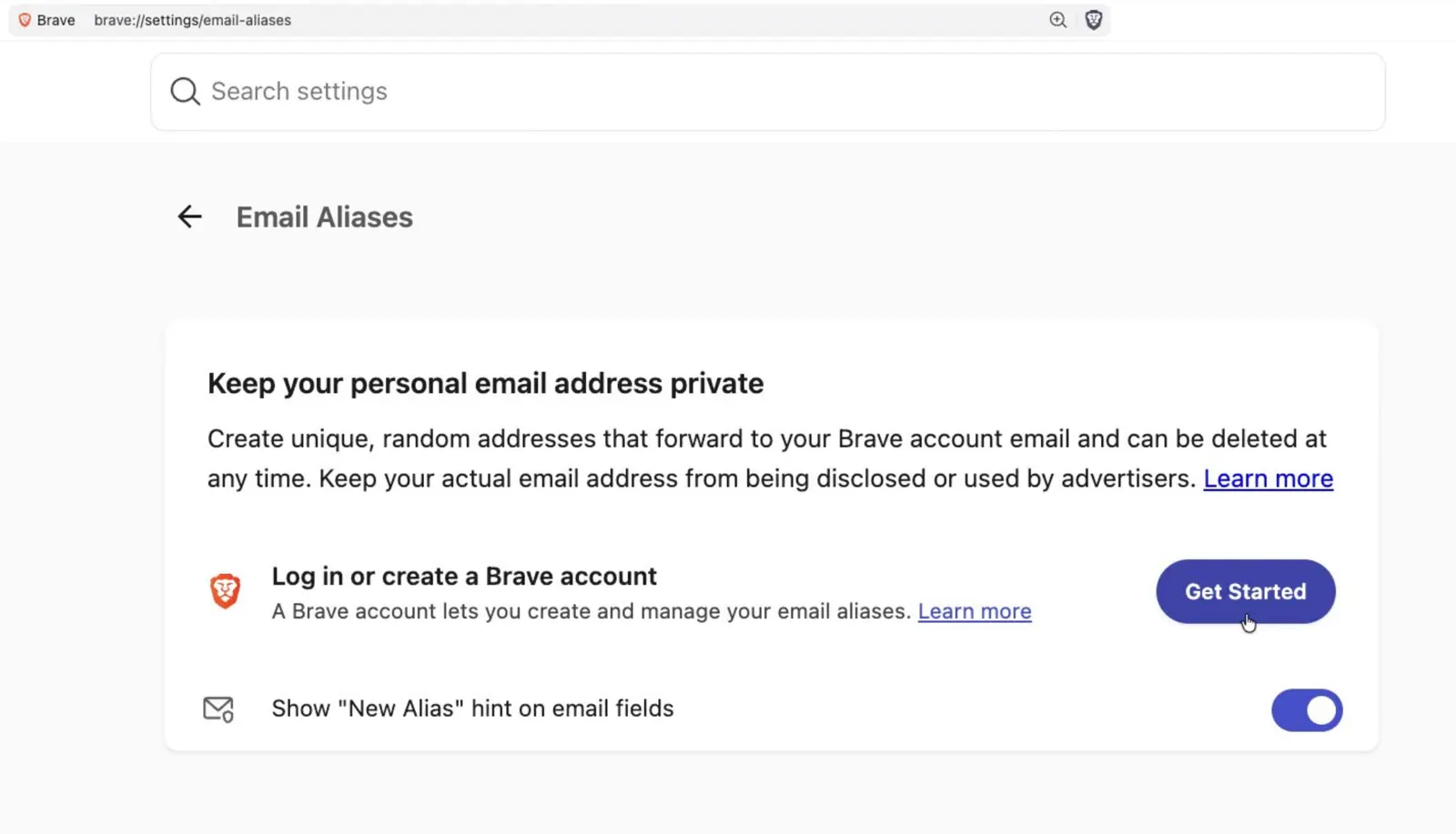 Brave Browser settings page for managing email aliases