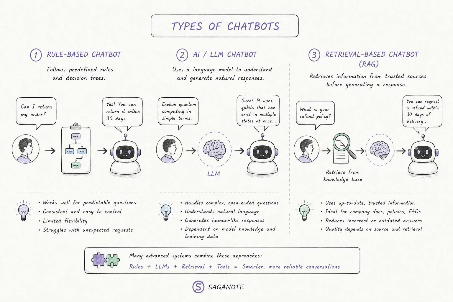 Chatbot types showing rule-based, AI, and retrieval-based systems with different response paths