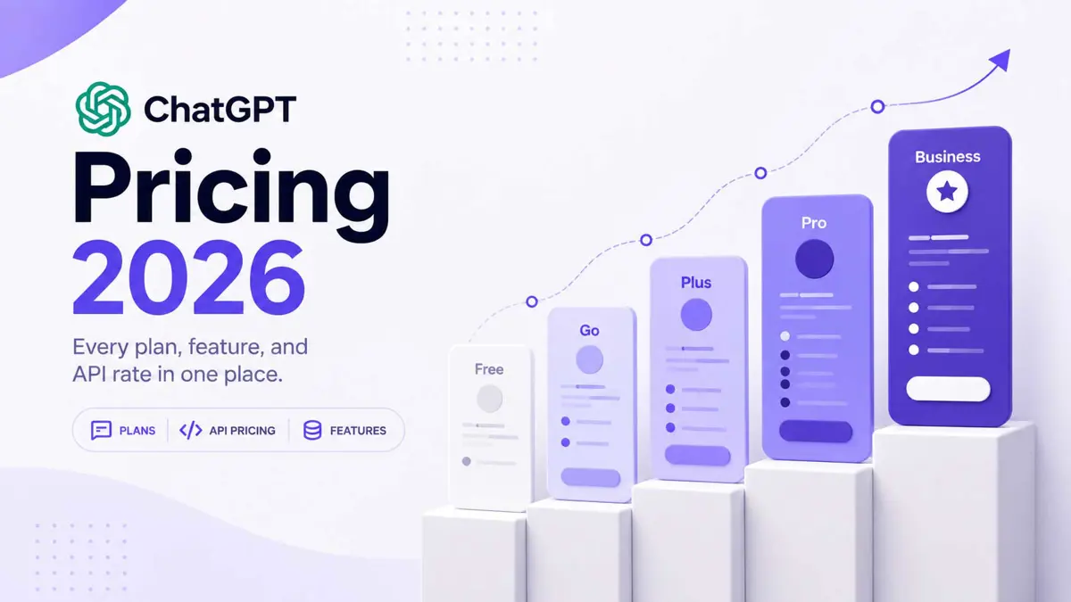 Three ascending pricing cards beside a violet panel reading ChatGPT Pricing 2026