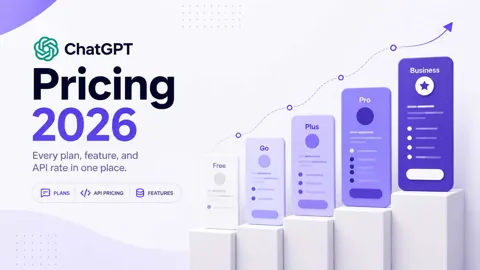 Three ascending pricing cards beside a violet panel reading ChatGPT Pricing 2026
