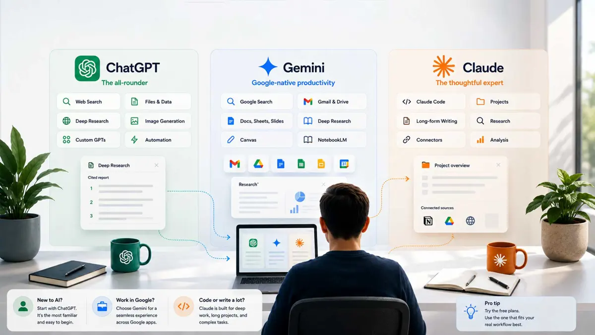 ChatGPT vs Gemini vs Claude comparison showing different AI workflows and strengths