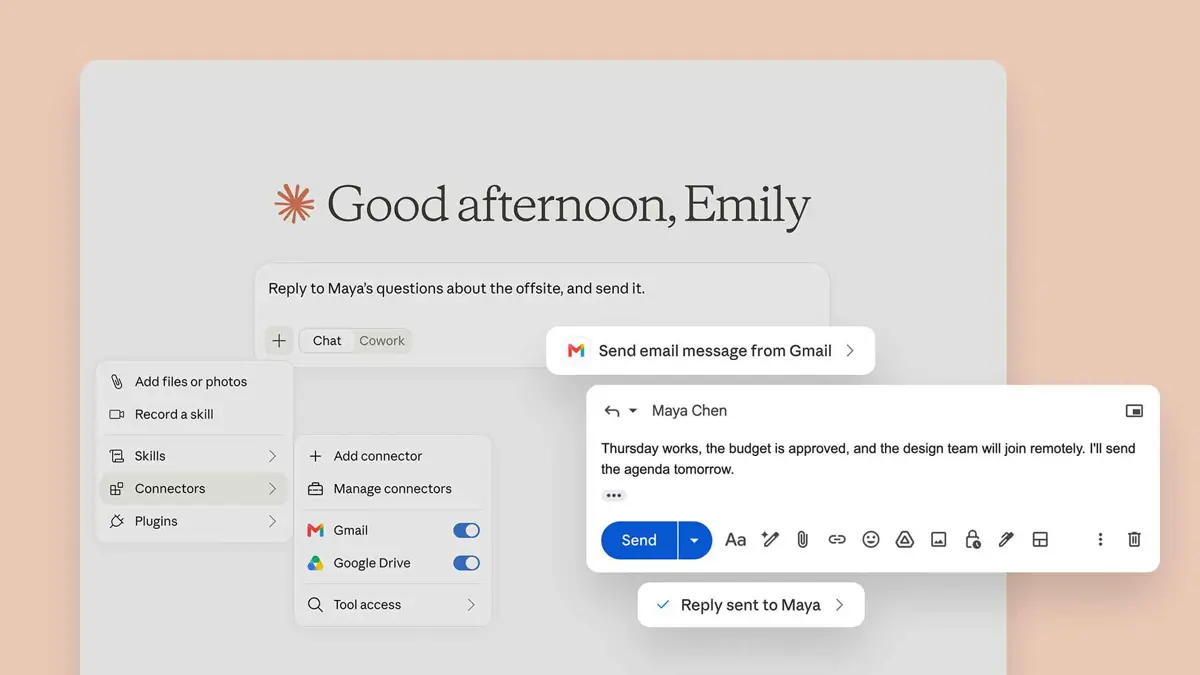 Claude interface showing a Gmail thread with a send button, illustrating Claude's new ability to dispatch email replies without user approval