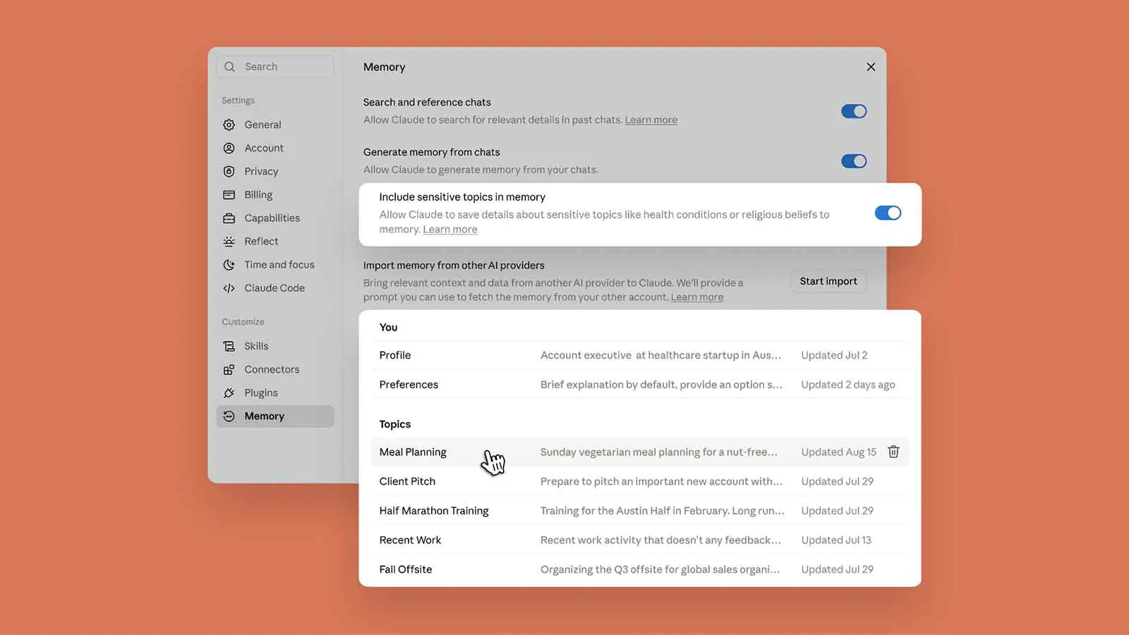 Claude Memory settings showing saved topics that can be reviewed and edited