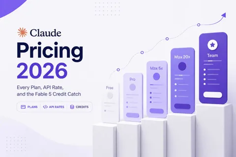 Three ascending pricing cards on a desk under the headline Claude Pricing 2026
