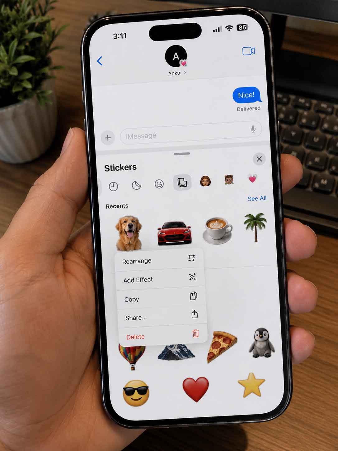 Deleting a custom sticker from the Stickers drawer in Messages on iPhone