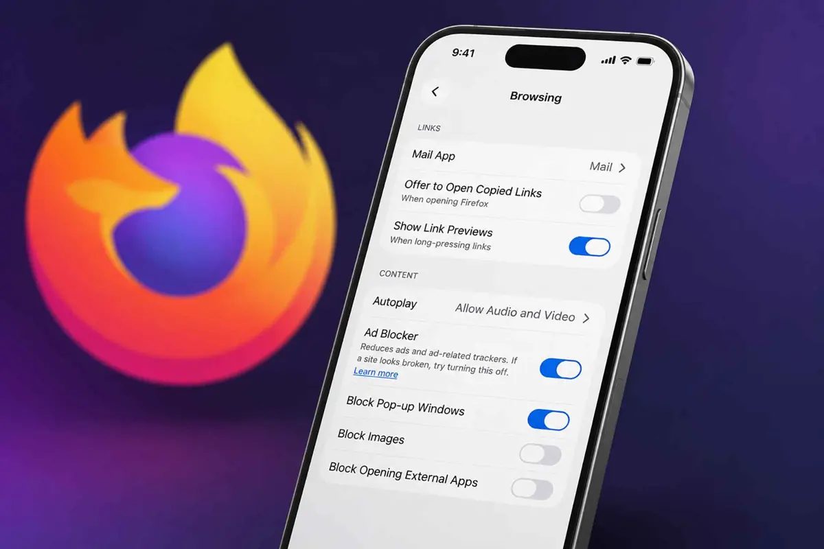 Firefox for iOS showing the built-in Ad Blocker toggle in Settings on an iPhone
