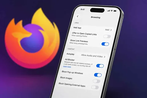 Firefox for iOS showing the built-in Ad Blocker toggle in Settings on an iPhone